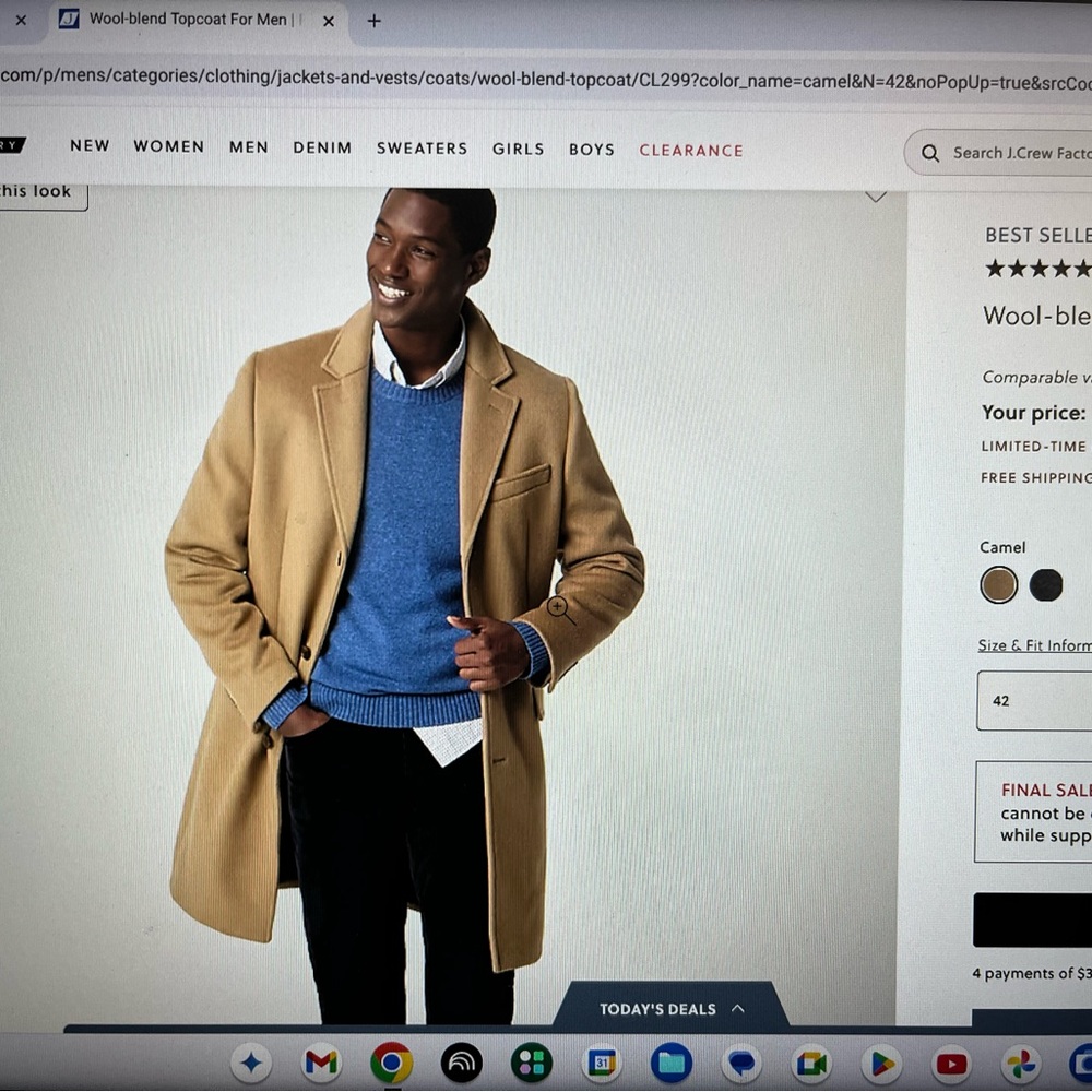 J. Crew Men’s Camel Wool-Blend Overcoat